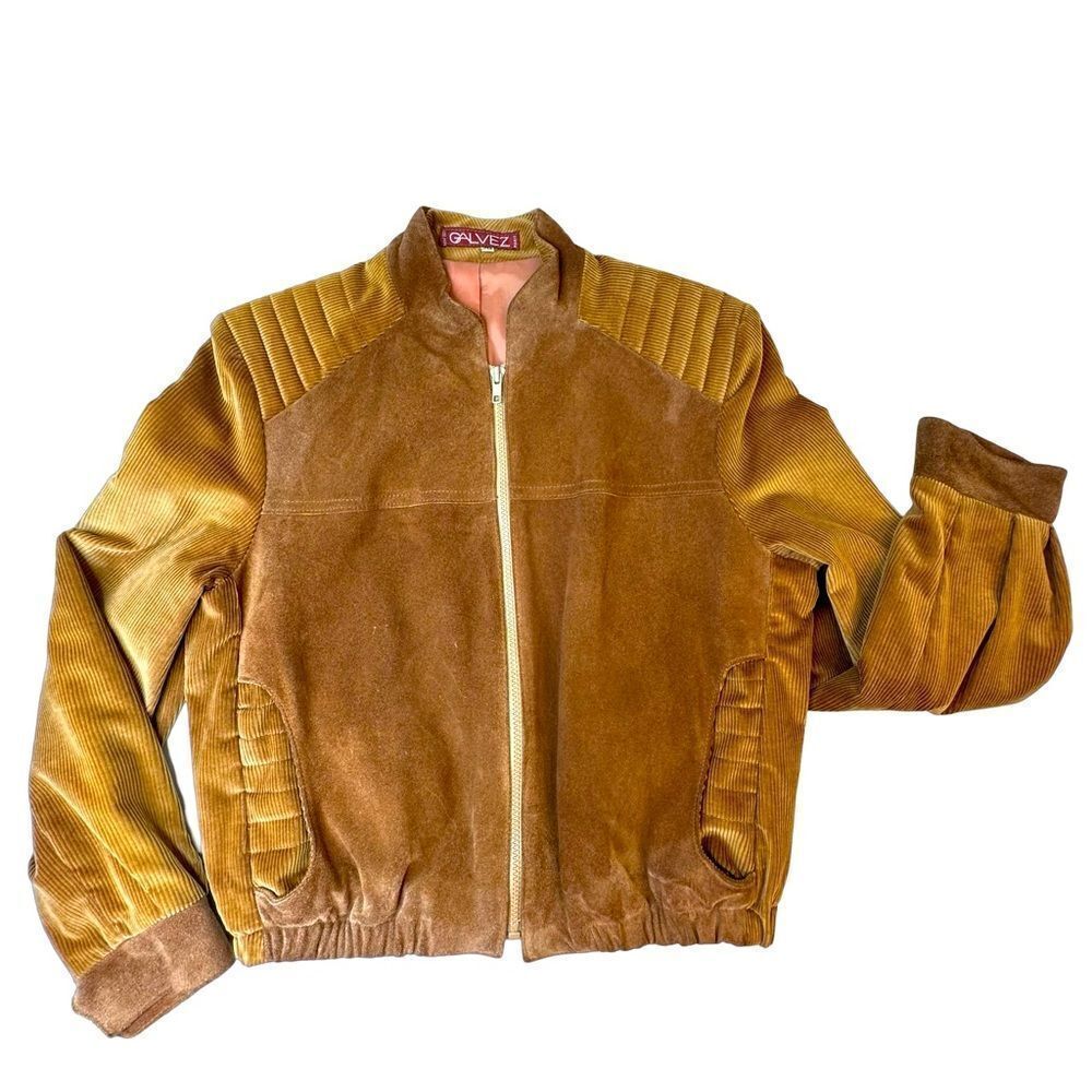 GALVEZ Vintage Copper Brown Suede & Corduroy Zip Front Jacket Size 13/14